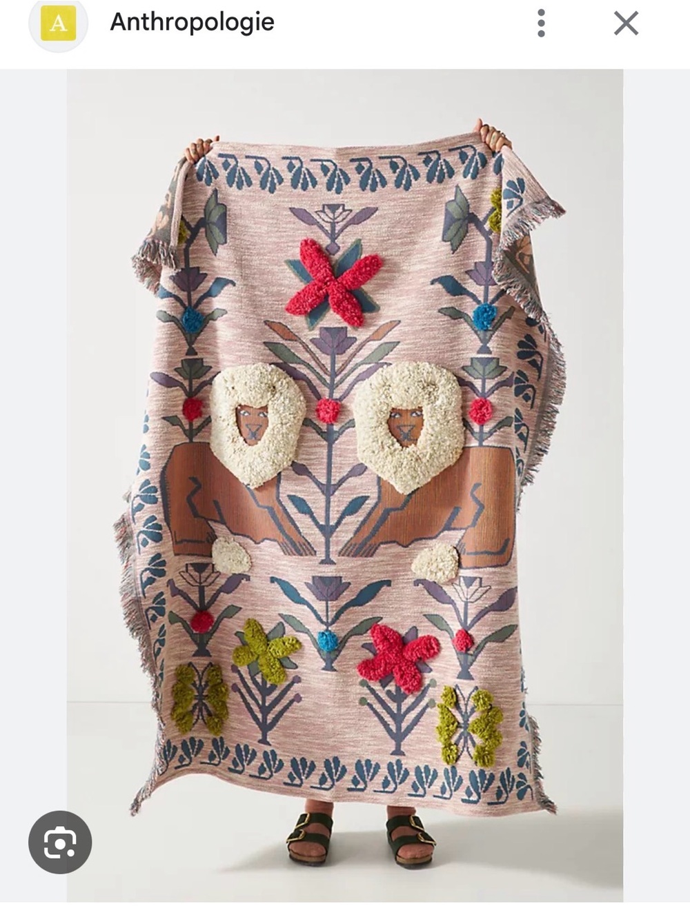 Anthropologie Pink Floral Lion Tapestry Blanket with Multicolor Tufted Accents